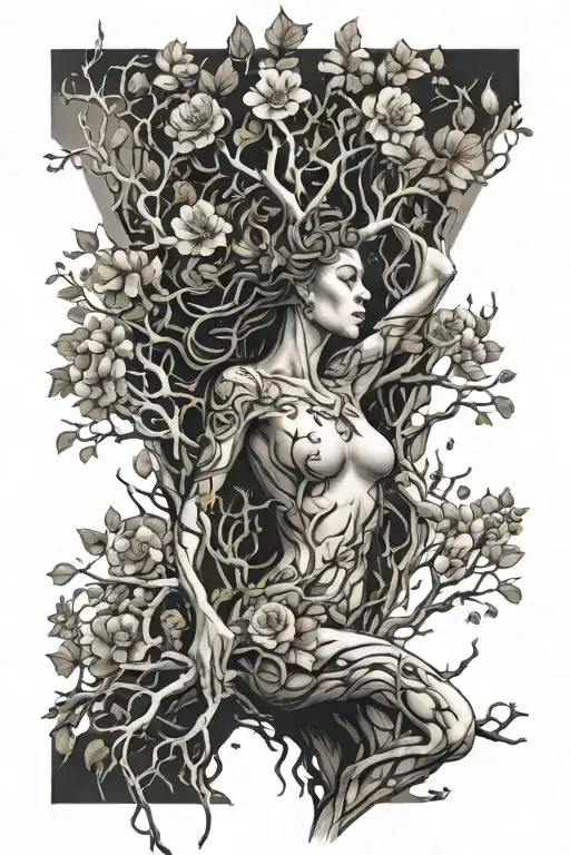 spiral female figure tree with arms raised above head turning into branches with florals and feet turning into roots tattoo design idea