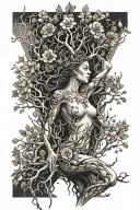 spiral female figure tree with arms raised above head turning into branches with florals and feet turning into roots tattoo design idea