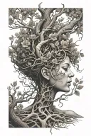 spiral female figure tree with arms raised above head turning into branches with florals and feet turning into roots tattoo design idea