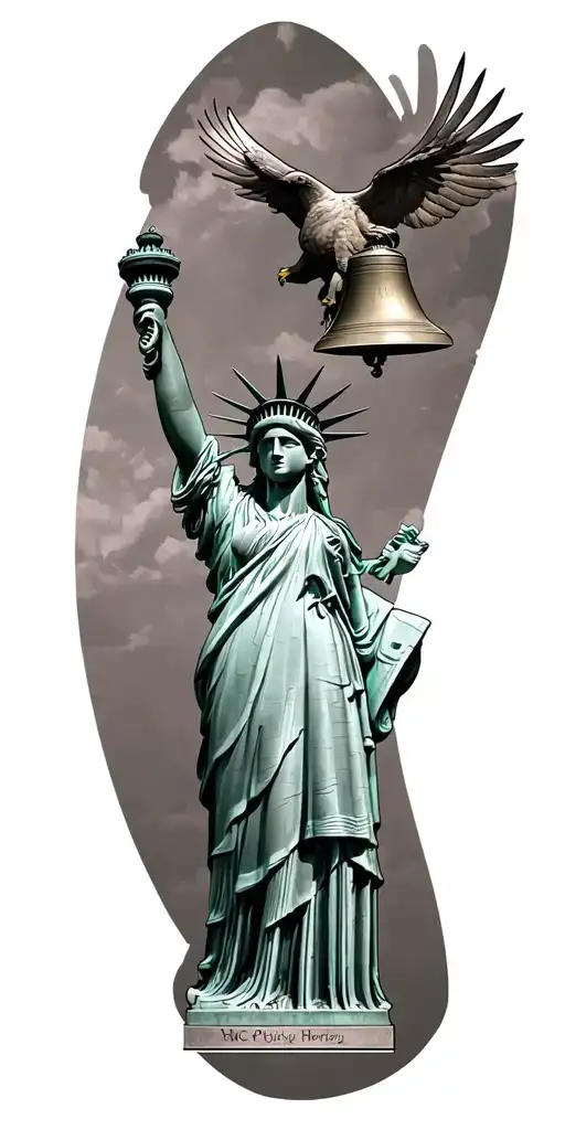 Statue of Liberty with liberty bell and eagle tattoo design idea