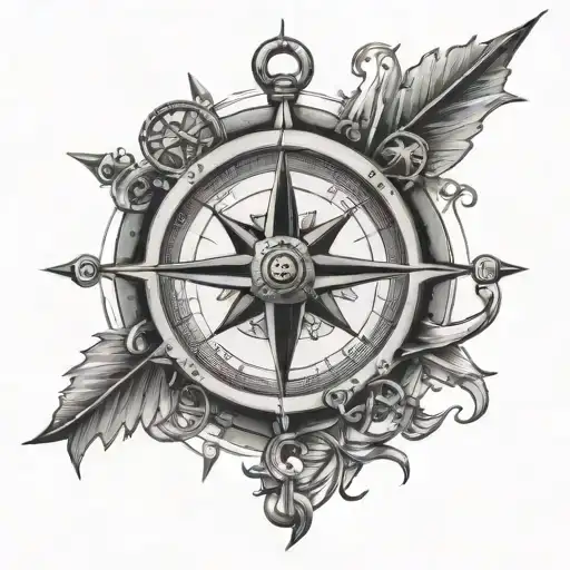 nautical compass and fishing hook tattoo design idea