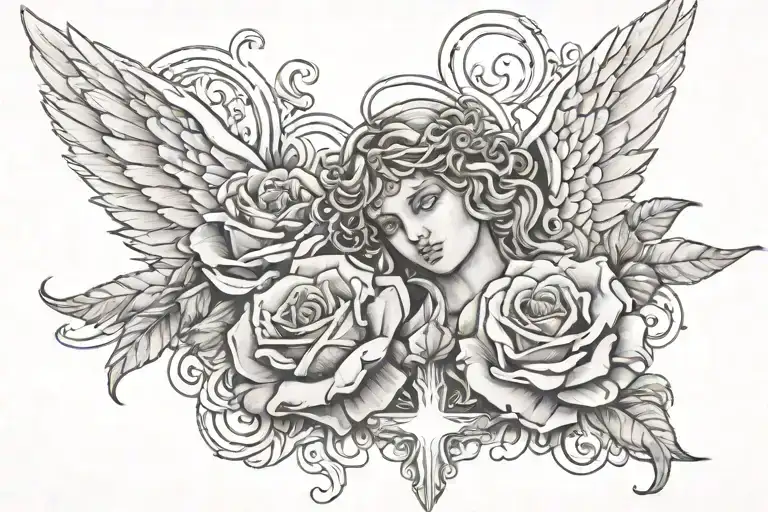 cross rose angel tattoo design idea