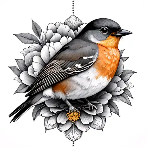 delicate and filigree dotwork.modern, symmetrical mandala and a detailed robin  from the edge, 2-3 peonies tattoo design idea