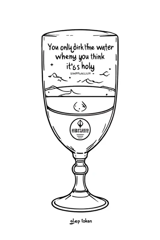 a simpchalice with the words "You only drink the water when you think it's holy" and the sleep token logo in the middle  tattoo design idea