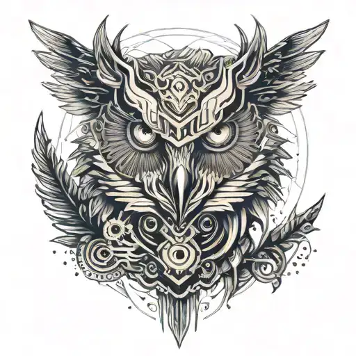 A mystical, vintage owl-wolf hybrid, mixing feathery and furry textures, in a classic old school illustration style remi tattoo design idea