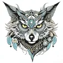 A mystical, vintage owl-wolf hybrid, mixing feathery and furry textures, in a classic old school illustration style remi tattoo design idea