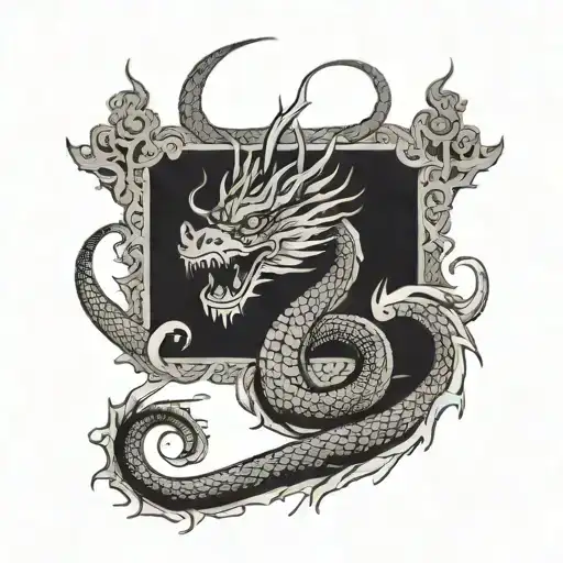 chinese dragon illustration design with clean bold lines and woodcut style tattoo design idea