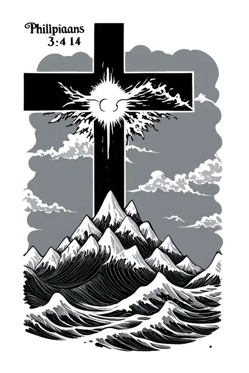 a cross with mountains and waves inside of it with Philippians 3 14 on the top tattoo design idea