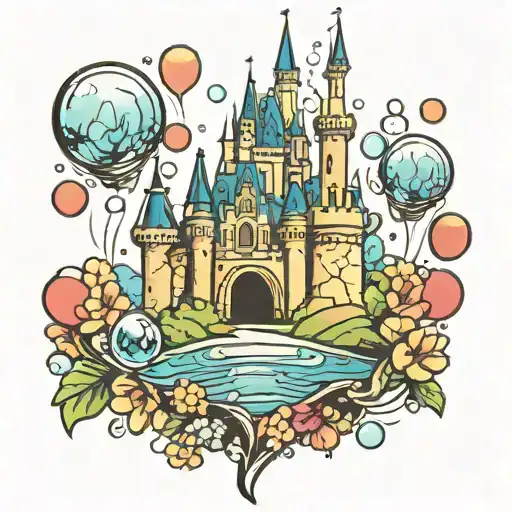 bubbles and disney castle tattoo design idea