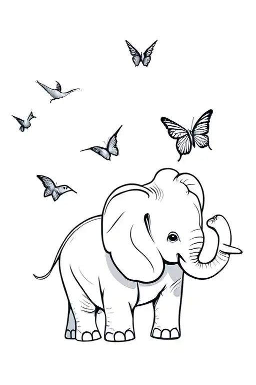 baby elephant surrounded by butterflies and hummingbird  tattoo design idea