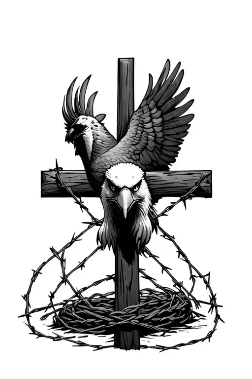 rugged cross with eagle face inside wrapped in barbed wire tattoo design idea