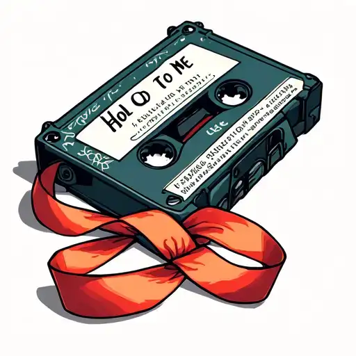 Cassette tape with label thats says "Hold On To Me" with ribbon pulled out and twisted tattoo design idea