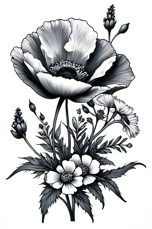 small fine line tattoo of a poppy, a delphinium and gypsophila tattoo design idea