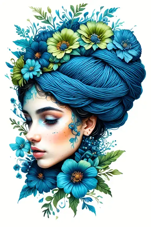side profile of female face with yarn exploding from top of head. surrounded by flowers, predominantly blue and green. tattoo design idea