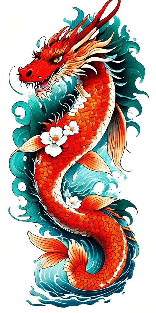 dragon, water, koi fish, Japanese flower tattoo design idea