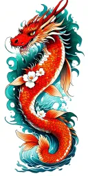dragon, water, koi fish, Japanese flower tattoo design idea