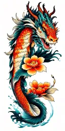 dragon, water, koi fish, Japanese flower tattoo design idea