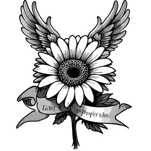 Gerbera daisy with banner words wings flying proper tattoo design idea