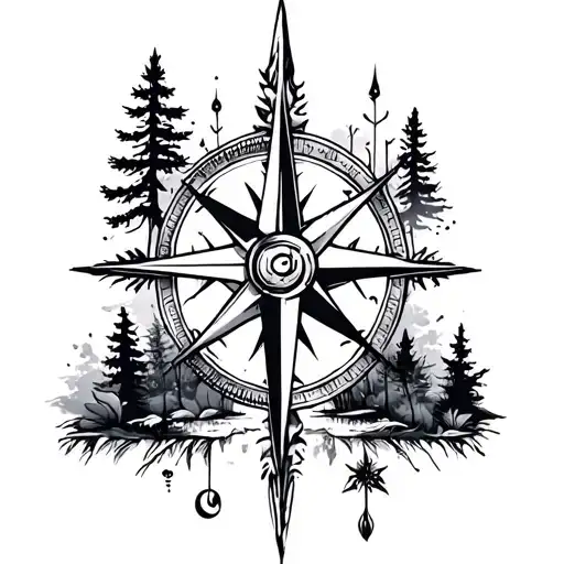 cross with compass and nature elements like trees tattoo design idea