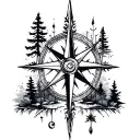 cross with compass and nature elements like trees tattoo design idea