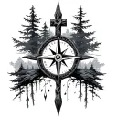 cross with compass and nature elements like trees tattoo design idea