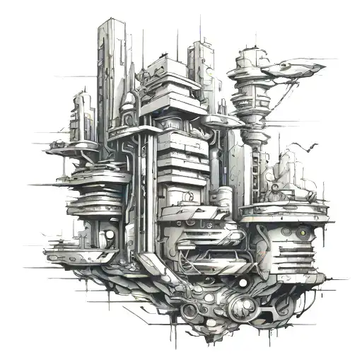 A futuristic cyberpunk cityscape with elements of anime and video game aesthetics tattoo design idea