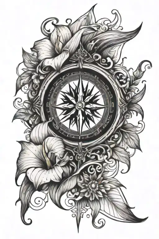 compass arrow calla lilly line work tattoo design idea