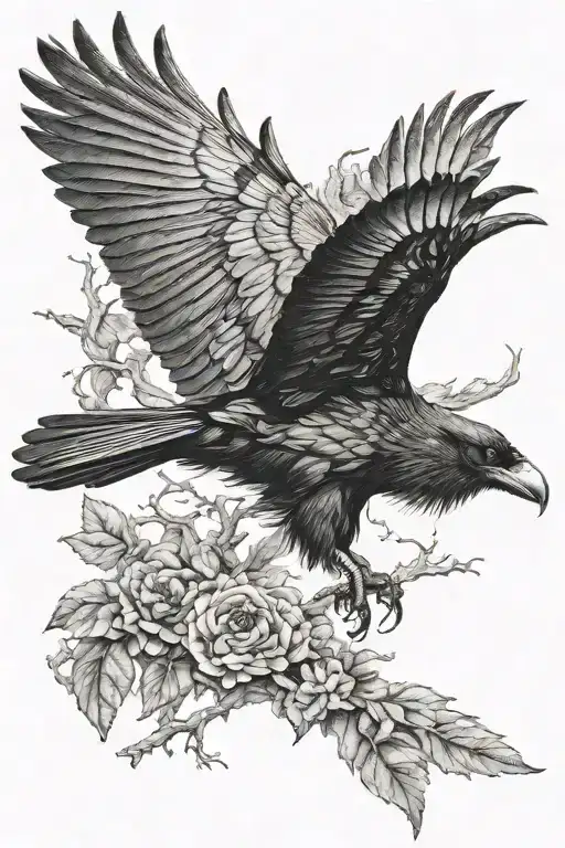 Raven, crow and black bird flying tattoo design idea