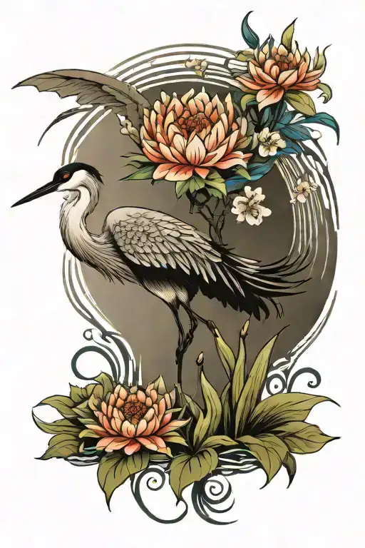 crane standing with water lilys surrounding tattoo design idea