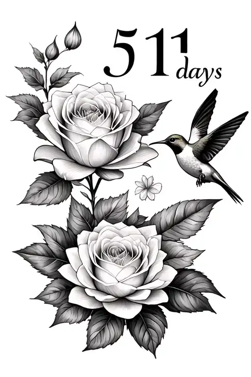 "5711 days" Black and white rose honeysuckle and water lilly with leaves and hummingbird  tattoo design idea