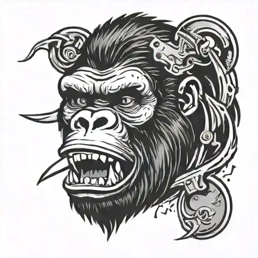 angry gorilla head with fangs and knife in blood, black and white tattoo design idea