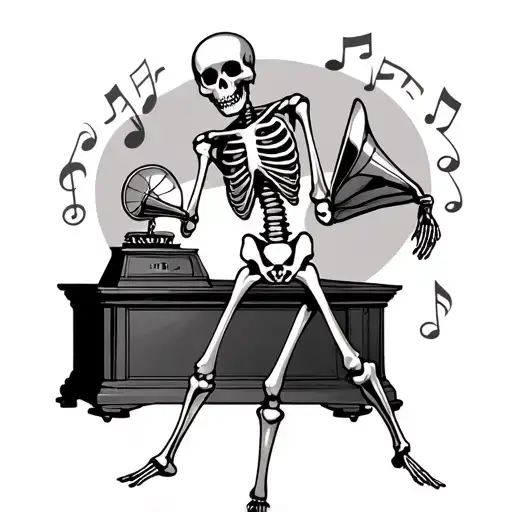 Dancing Skeleton in front of gramophone surrounded my music tattoo design idea