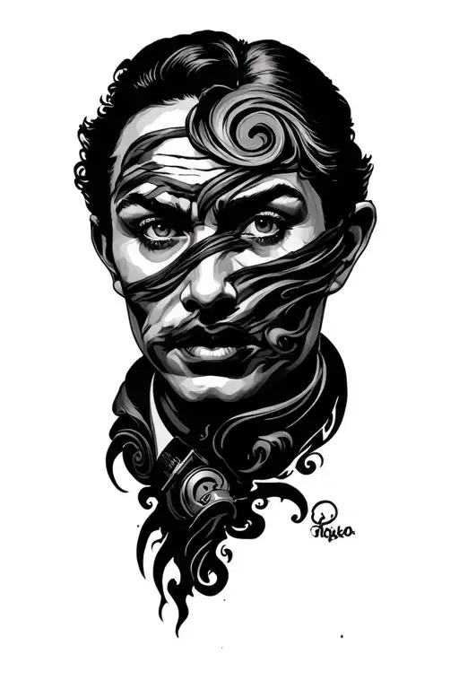 twin peaks, ghostbusters, bladerunner combined, black and grey with swirls tattoo design idea