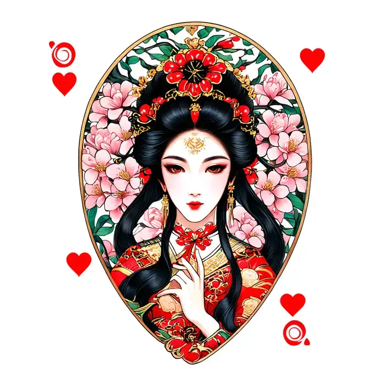 queen of hearts and cherry blossoms wrapped tattoo design idea
