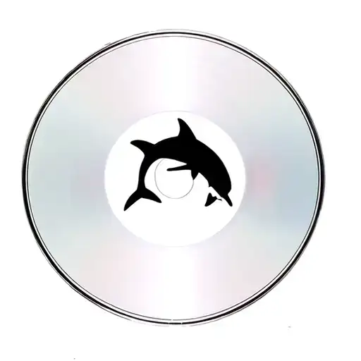 a cd with a tiny dolphin and a tiny shark black silhouette in the clear inner hub tattoo design idea