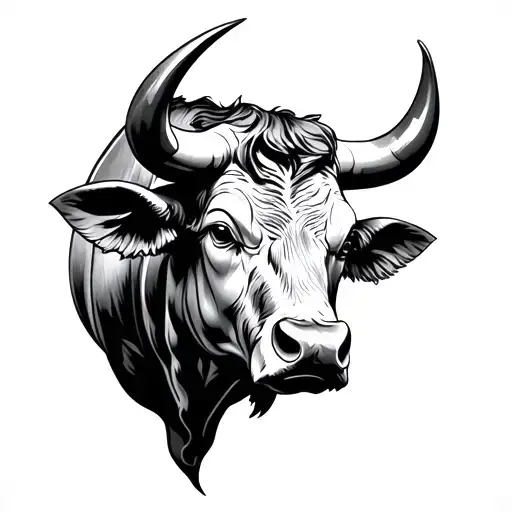 **"A highly detailed and realistic black-and-grey tattoo design of a head of a Spanish fighting bull (toro bravo)  tattoo design idea