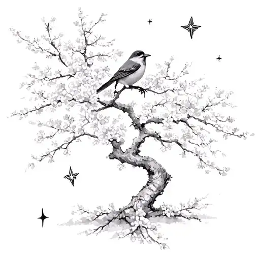 stars above a bird perched on cherry blossom tree tattoo design idea