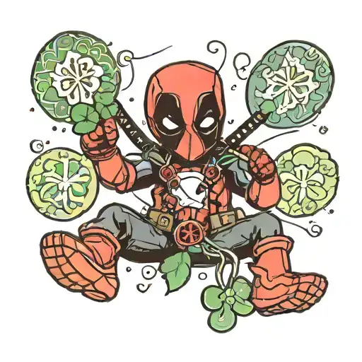 mini Deadpool holds a black four-leaf clover in his hand, and in the other the inscription "esse quam videri" tattoo design idea