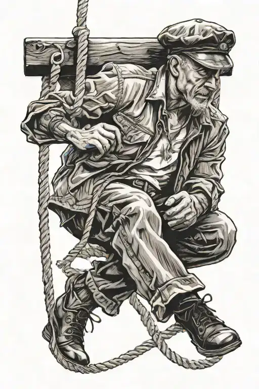 man with flat cap hanging from rope tattoo design idea