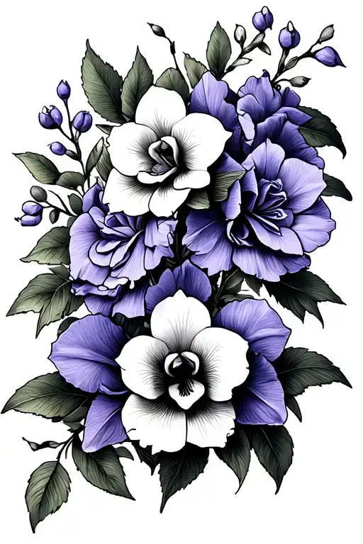 cattleya orchid and rose and hawthorn blossom and plum blossom and iris and dogwood flower and blue bonnet and violet tattoo design idea