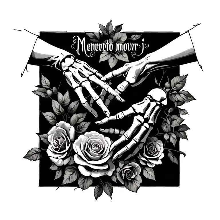 creation of adam hands touching fingers, memento mori text, one hand skeleton, the other human, add roses if you can tattoo design idea
