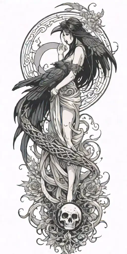 goddess of death, raven, snake, moon tattoo design idea