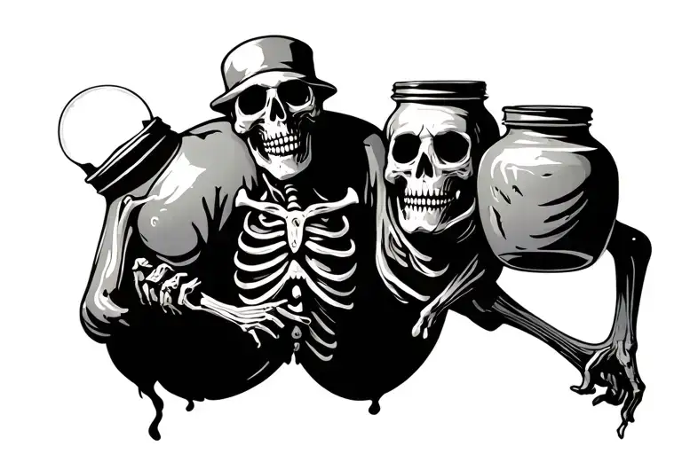 skeleton moonshiner carrying jars tattoo design idea
