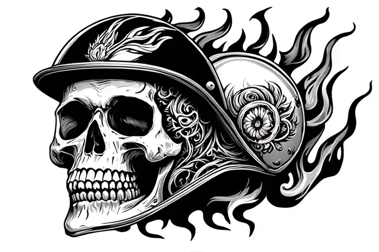 skull and fire helmet adorned with intricate tattoo design idea