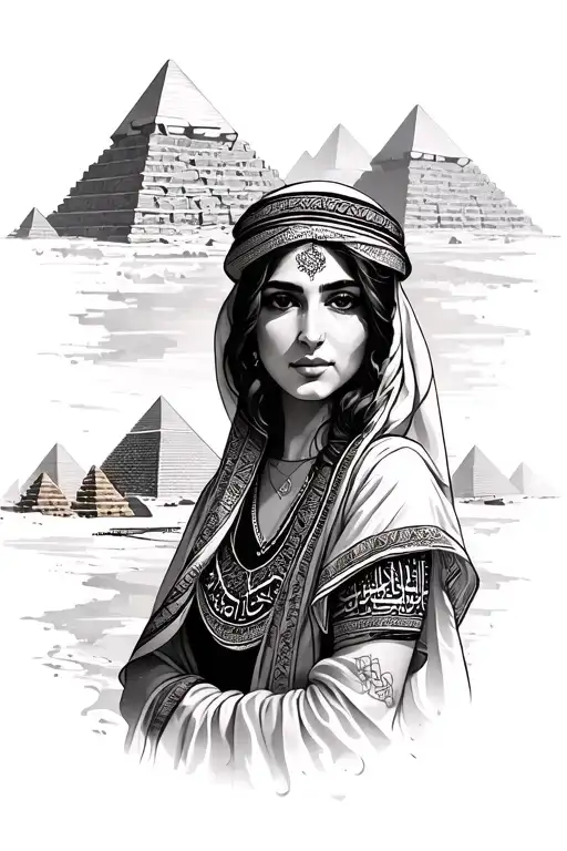 Arab woman with Giza pyramids down and Arab letters tattoo design idea
