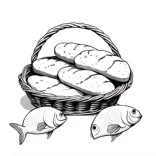 5 loaves bread with 2 fish in a basket full tattoo design idea
