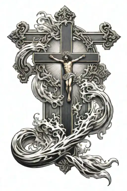 Large detailed cross at the top with wordings Philippians 4:13 and image of Jesus Christ walking in water at the bottom. tattoo design idea