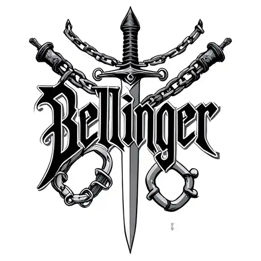 Name Bellinger written in the viking alphabet, witha dagger and shackles tattoo design idea