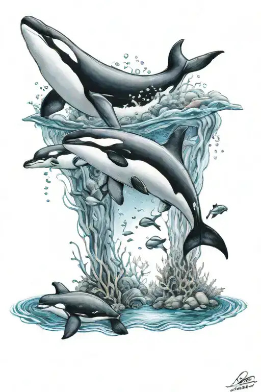 An under the sea tattoo including orca, jelly fish,  turtle and manta ray. Coral reef and water reflection tattoo design idea
