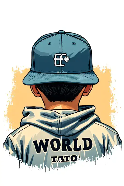 A kid seen from behind, wearing a flat-brim New Era cap and a hoodie that says ‘f* World’, standing in a rough neighborh tattoo design idea
